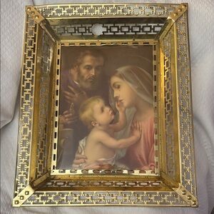 Vintage Religious Art Holy Family in Greek Key Brass Gallery Frame 17x14 in